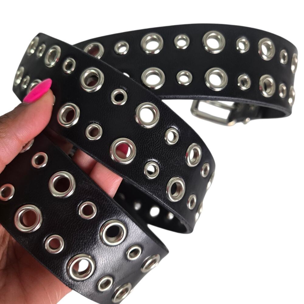 Vintage Anticipations Two Double Prong Belt Black Grommet Faux Leather SM Medium